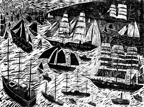 Tall Ships Leaving Lerwick - woodcut by Paul Bloomer
