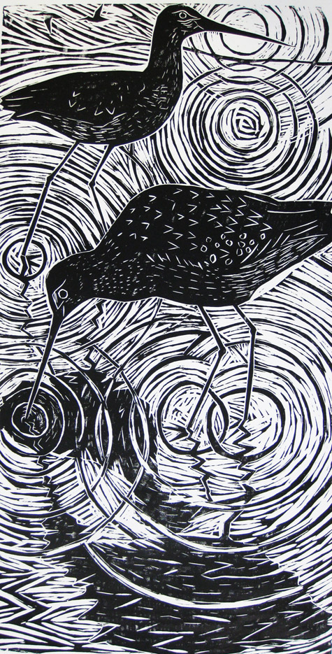 Black tailed godwits woodcut by Paul Bloomer