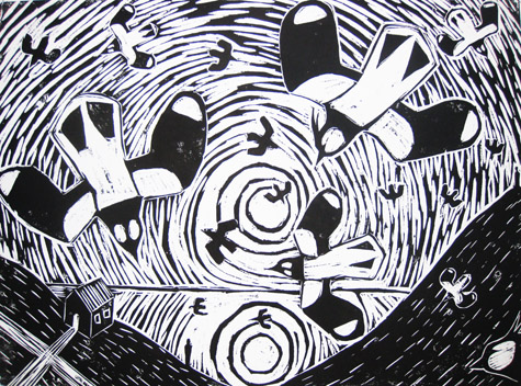 Flight woodcut by Paul Bloomer