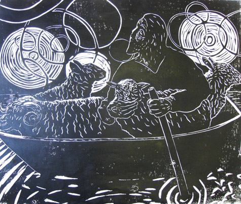 Night Shepherd woodcut by Paul Bloomer