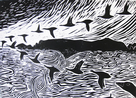 Geese over St Ninian's - woodcut by Paul Bloomer