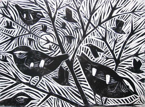 Yellow Browed Warblers woodcut by Paul Bloomer