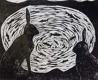 Paul Bloomer woodcut Winter Hares. - 61 x 74cm