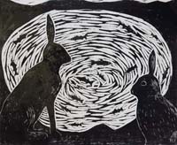 Paul Bloomer woodcut Winter Hares. - 61 x 74cm