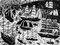 Paul Bloomer woodcut. Tall ships leaving Lerwick - 92 x 122cm