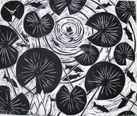 Paul Bloomer. Woodcut. A shoal amoungst the lilies - Lunga water
