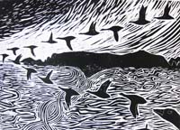 Paul Bloomer. Woodcut. Geese over St Ninian's