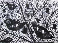 Paul Bloomer. woodcut. Yellow browed warblers.