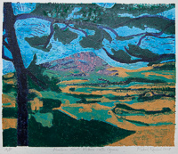 Mt St Victorire with pine colour lino monoprint, by Richard Rowland