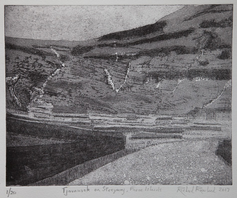 Tjornuvik on Streymoy etching by Richard Rowland