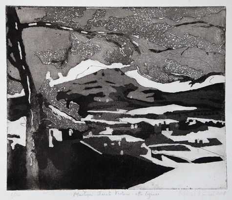 Mt Sainte-Victorire with pine tree etching by Richard Rowland